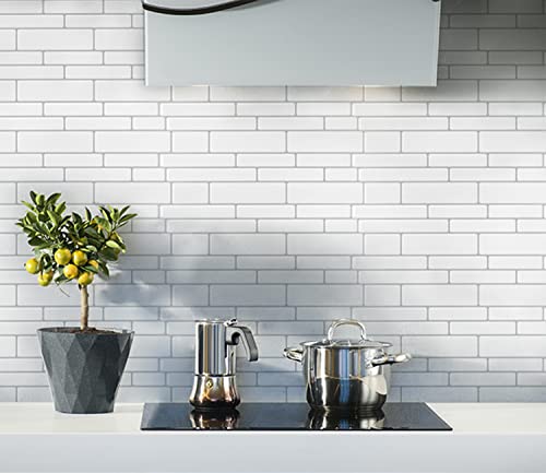LONGKING Peel and Stick Backsplash Tile Shelf-Adhesive Wall Stickers (10 Sheets) Off White Subway Tile with Grey Grout