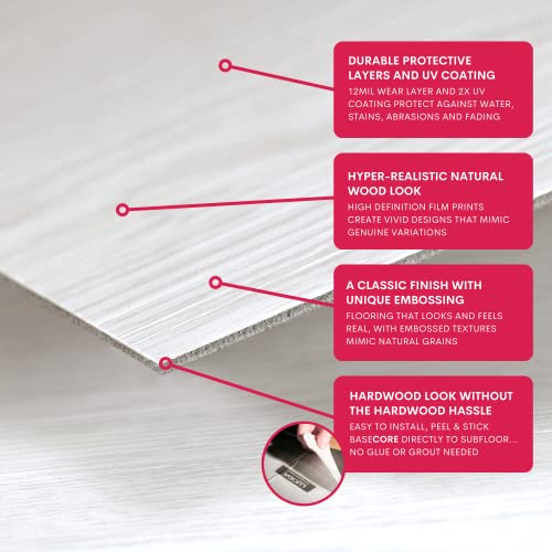 LUCiDA SURFACES Luxury Vinyl Flooring Tiles | Peel and Stick Floor Tile for DIY Installation | 12 Wood Look Planks | Cotton | BaseCore | 18 Sq. Feet