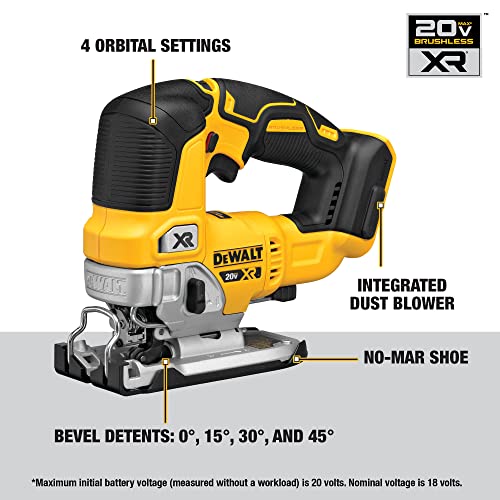 DEWALT 20V MAX XR Jig Saw, 3,200 Blade Speed, Cordless, Brushless Motor, LED Light, Bare Tool Only (DCS334B)