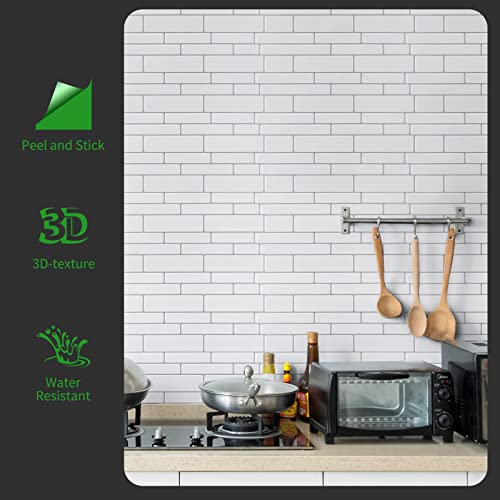 LONGKING Peel and Stick Backsplash Tile Shelf-Adhesive Wall Stickers (10 Sheets) Off White Subway Tile with Grey Grout