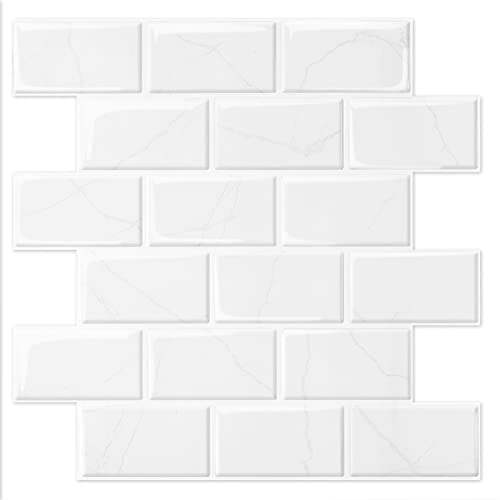 Art3d Subway Tiles Thickened Peel and Stick Backsplash Marble White, Stick on Tiles Kitchen Backsplash 10 Tiles, Thicker Version, 12x12 Inch