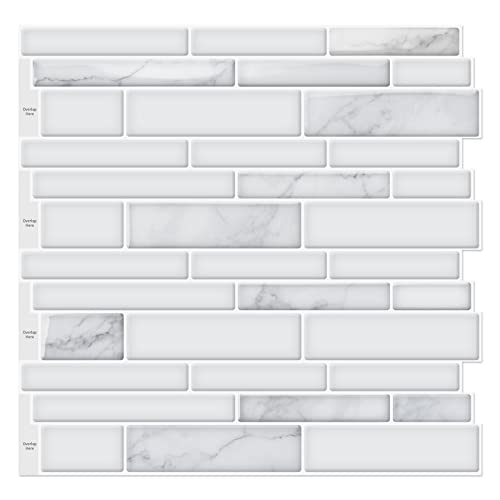 Art3d 10-Sheet Premium Stick On Kitchen Backsplash Tiles, 12"x12" Peel and Stick Self Adhesive Wall Tiles, White Marble Design