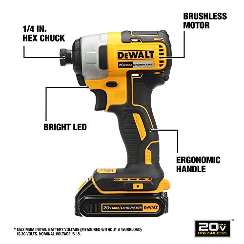 DEWALT 20V MAX Cordless Impact Driver Kit, Brushless, 1/4" Hex Chuck, 2 Batteries and Charger (DCF787C2)