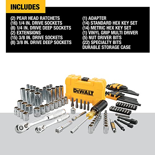 DEWALT Mechanics Tools Kit and Socket Set, 1/4" & 3/8" Drive, SAE, 108-Piece (DWMT73801)