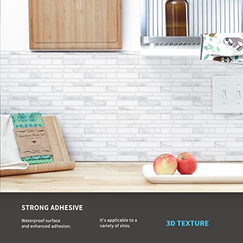 Art3d 10-Sheet Premium Stick On Kitchen Backsplash Tiles, 12"x12" Peel and Stick Self Adhesive Wall Tiles, White Marble Design