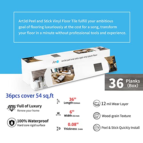 Art3d Peel and Stick Floor Tile Vinyl Wood Plank 36-Pack 54 Sq.Ft, White-Washed, Rigid Surface Hard Core Easy DIY Self-Adhesive Flooring